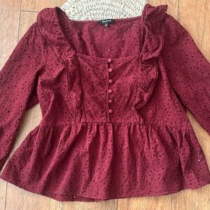 Madewell Maroon Eyelet Ruffle Peplum Long Sleeve Blouse